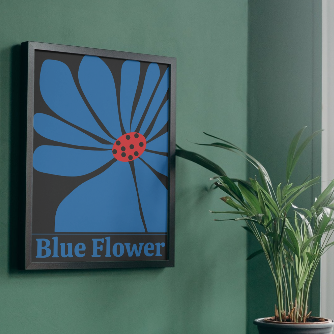 A Blue flower with the words blue flower written in blue with a black frame 