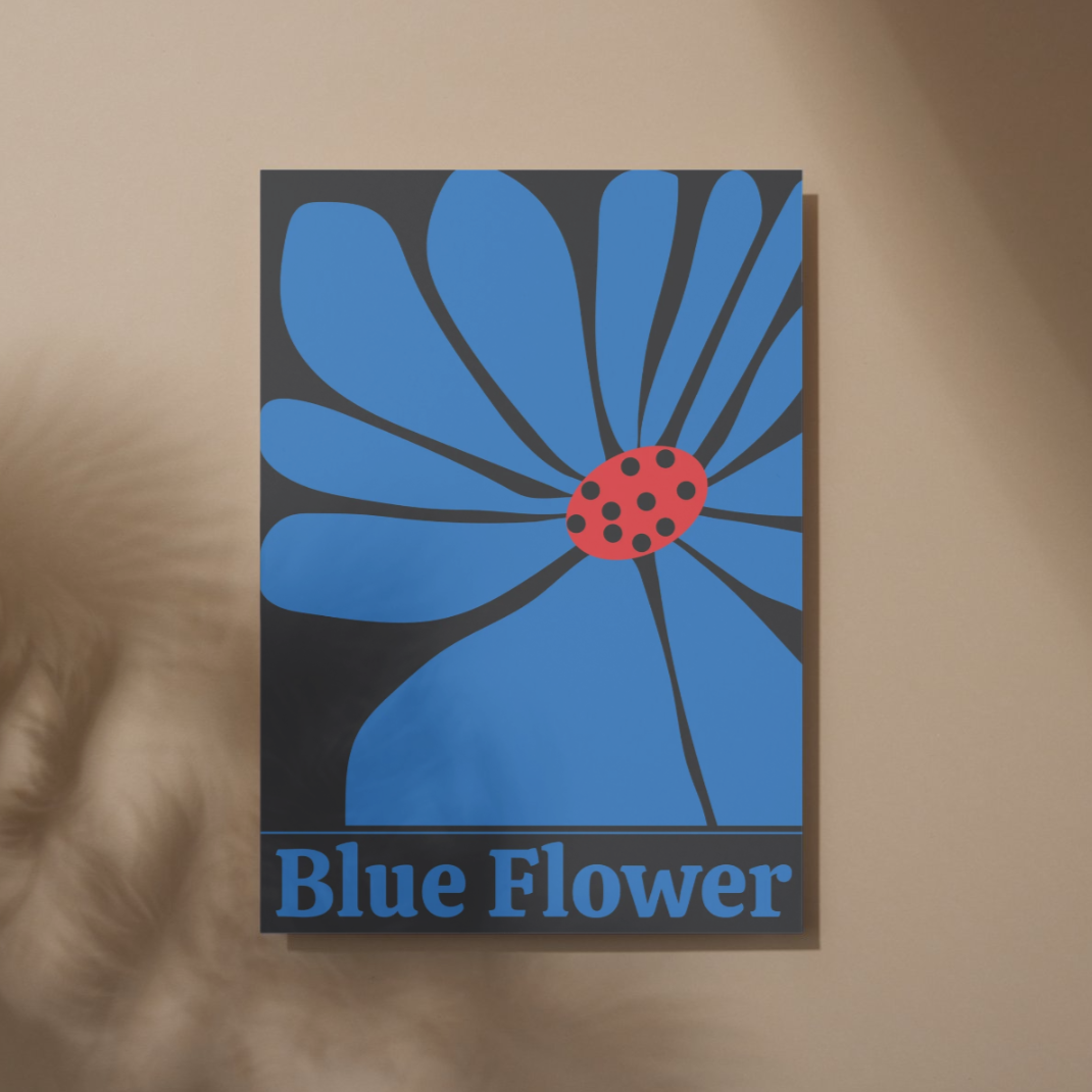 A Blue flower with the words blue flower written in blue , canvas 