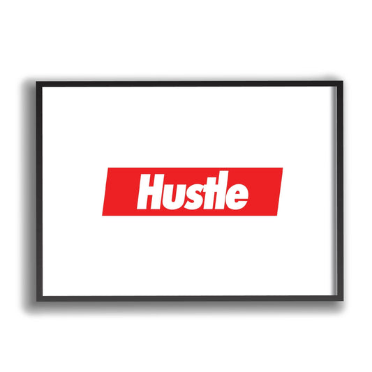 Hustle On a red square and white background  