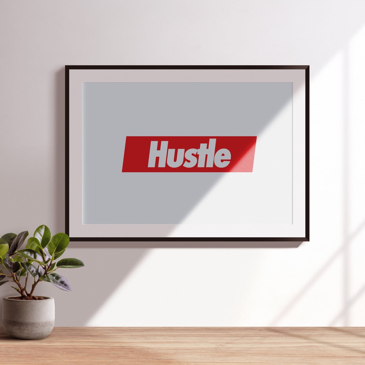 Hustle On a red square and white background  