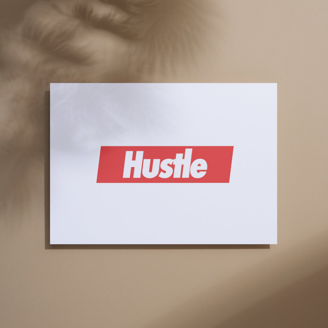 Hustle On a red square and white background  