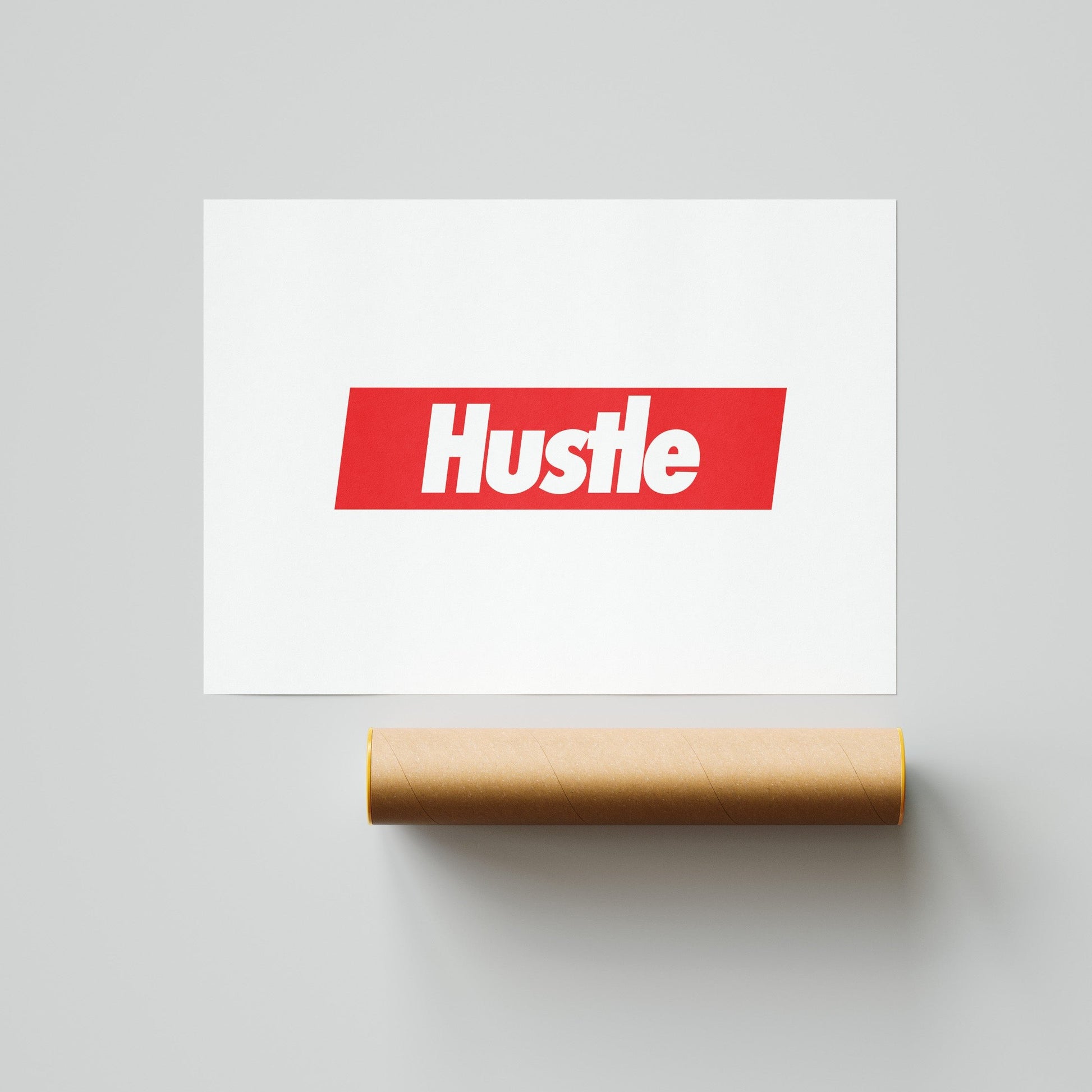 Hustle On a red square and white background  